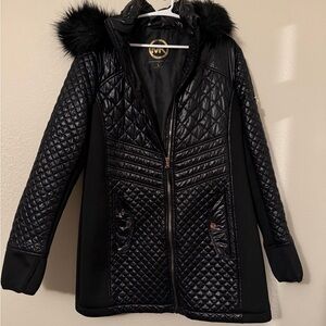 MICHAEL Michael Kors Black Quilted Hooded Puffer Coat with Faux Fur Trim